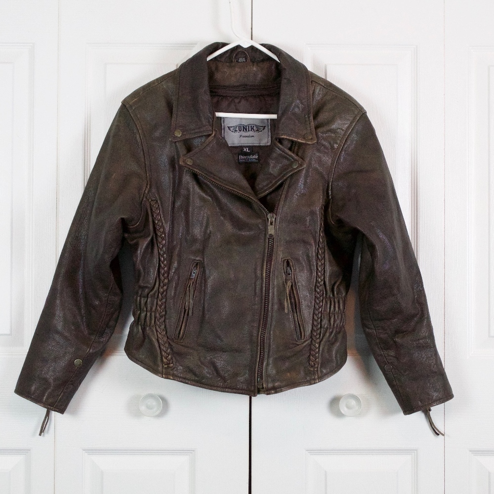 UNIK Brown Leather Removable Lining Moto Jacket XL - Picture 2 of 8